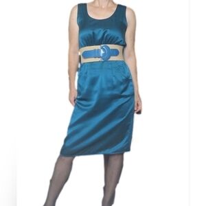 Dress Scoop neckline Sleeveless Retro 100% Silk teal color VOOM NWT
